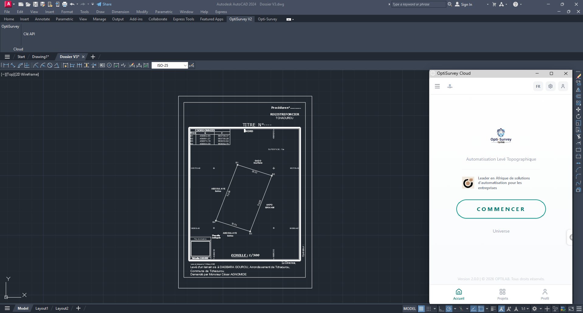 Capture OptiSurvey dans AutoCAD : plan parcellaire coté et cartouche